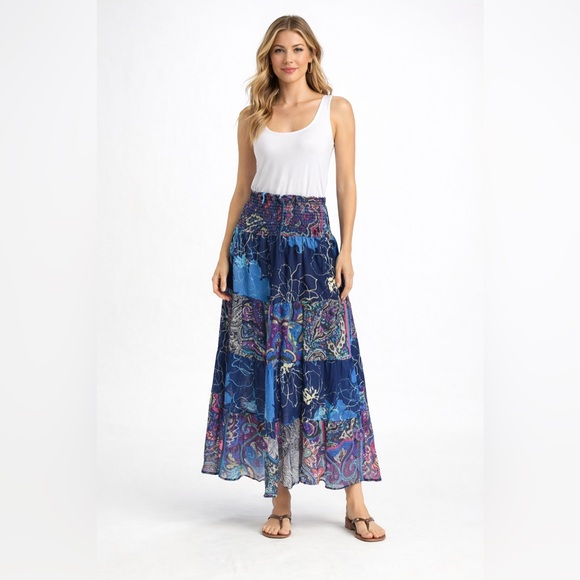 Chaudry Dresses & Skirts - Chaudry Boho Patchwork Tiered Maxi Skirt Blue Floral Paisley Smocked Waist S